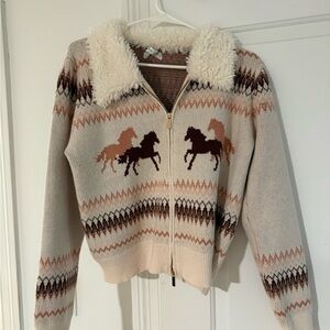 Altar'd State Beige & Brown Horse Zip-Front Cardigan with Sherpa Collar